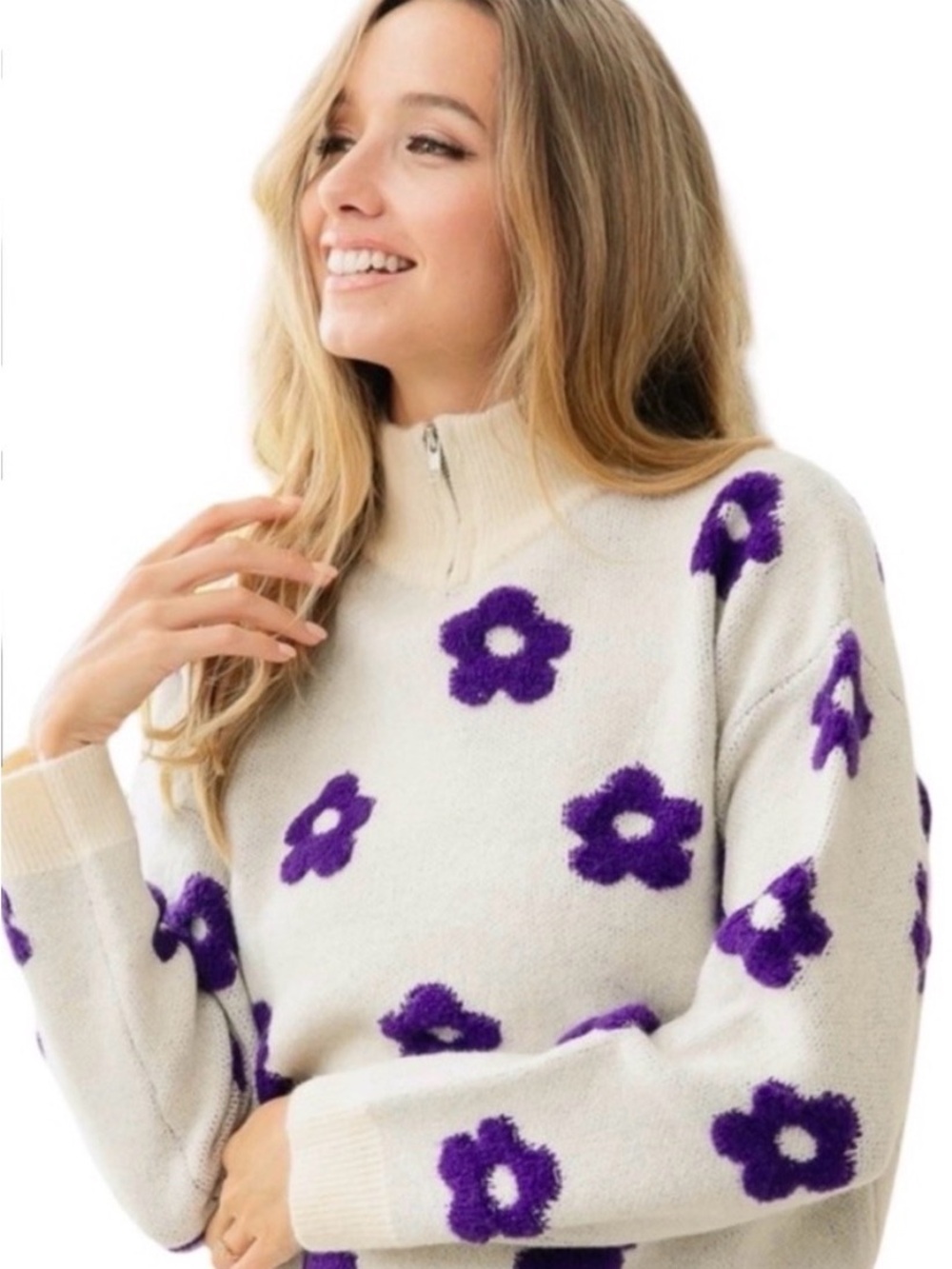 BiBi Cream and Purple Floral Design Zip Neck Sweater Size Large